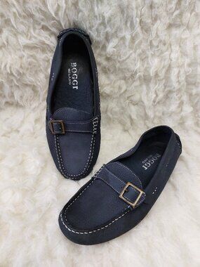 Boggi Milano Man's Navy Blue Leather Loafers Buckle Strap Detail EU 42/US 9
